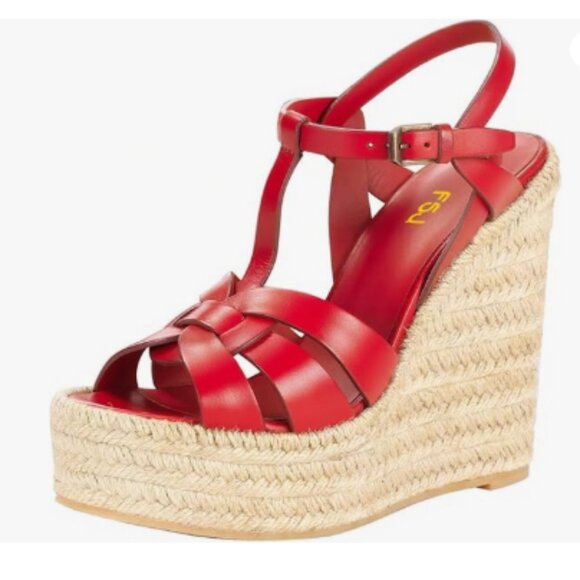 FSJ Red Open Toe Espadrille Platform Ankle Strap Wedge Sandals Woven Cutout Shoe - Picture 1 of 8